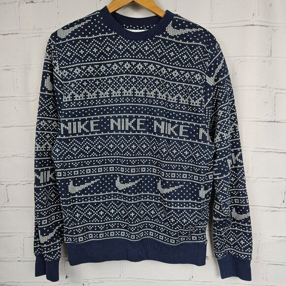 Nike Navy Blue Fair Isle Crewneck Sweatshirt Mens S Holiday Winter Christmas - Picture 1 of 13